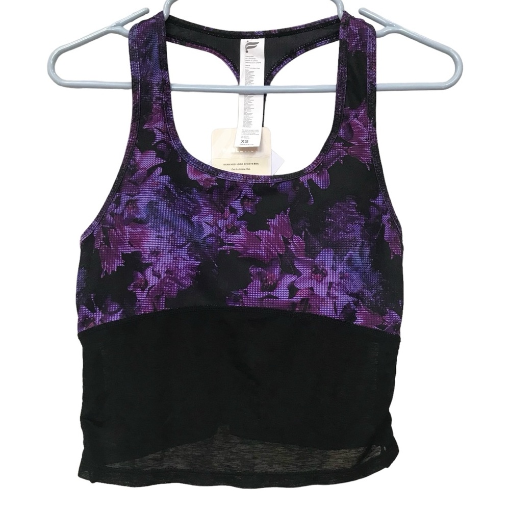 NEW - Fabletics Ryan Midi Logo Sports Bra Bralette  XS Purple black floral NWT